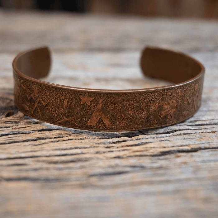 Vintage Solid Copper Cuff Stamped w/ Indian Designs