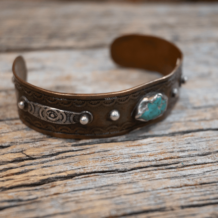 Vintage Handmade Copper & Sterling Silver w/ Turquoise Cuff
