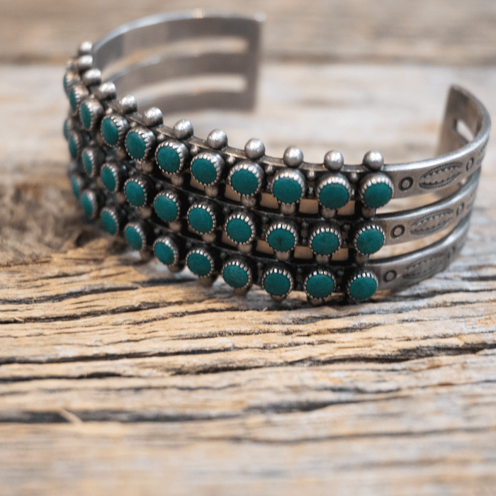 1940's Old Pawn Silver Navajo Stamped w/ Snake Eyes Turquoise Cuff