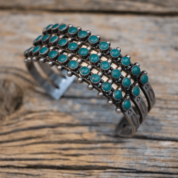 1940's Old Pawn Silver Navajo Stamped w/ Snake Eyes Turquoise Cuff