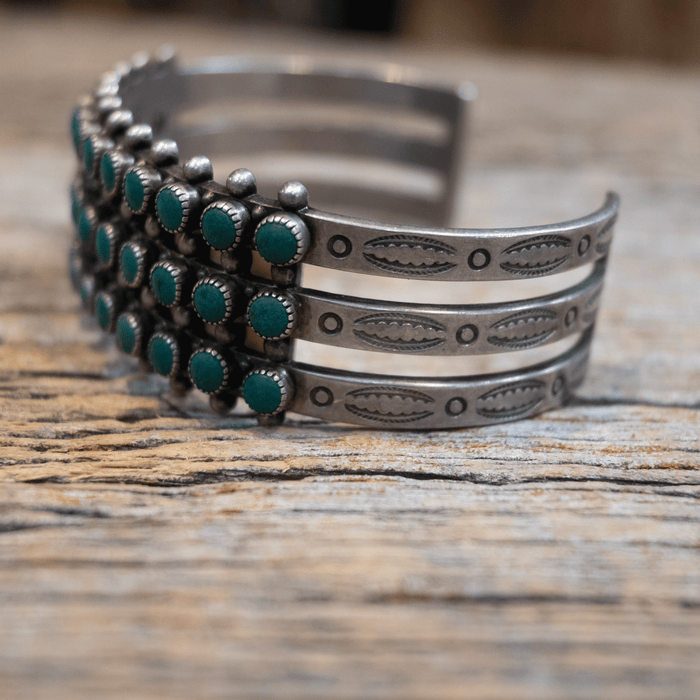 1940's Old Pawn Silver Navajo Stamped w/ Snake Eyes Turquoise Cuff