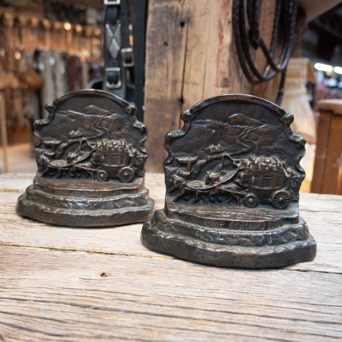"Olde Coaching Days" Western Decor Brass Art Bookends