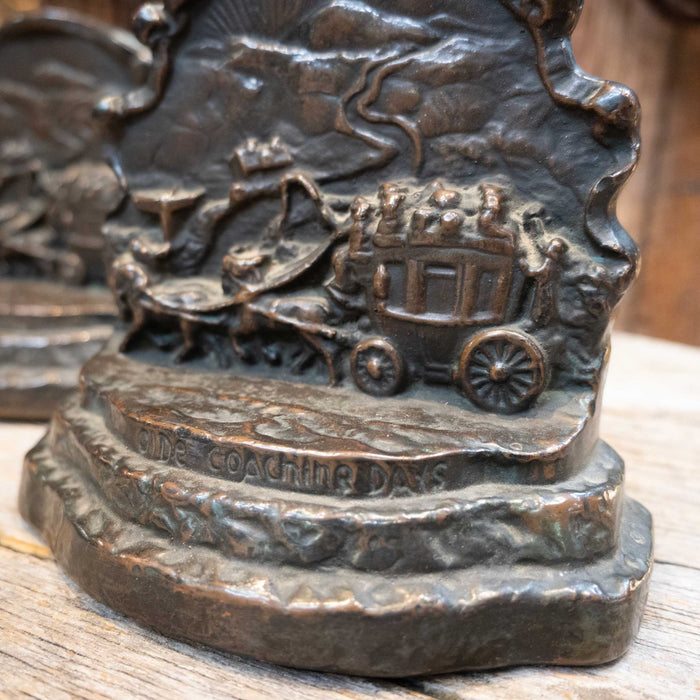 "Olde Coaching Days" Western Decor Brass Art Bookends