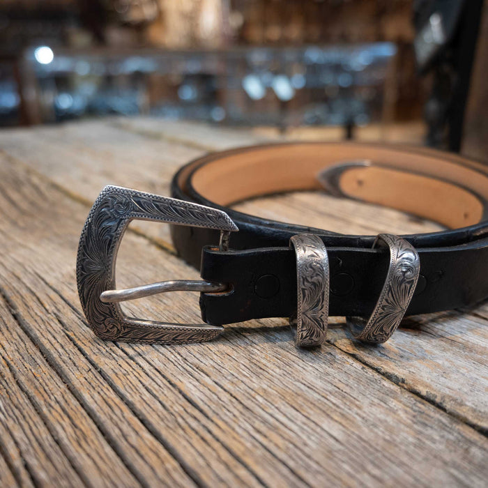 45" Antique Black Ostrich Belt with an RDM 4pc Sterling Silver Buckle