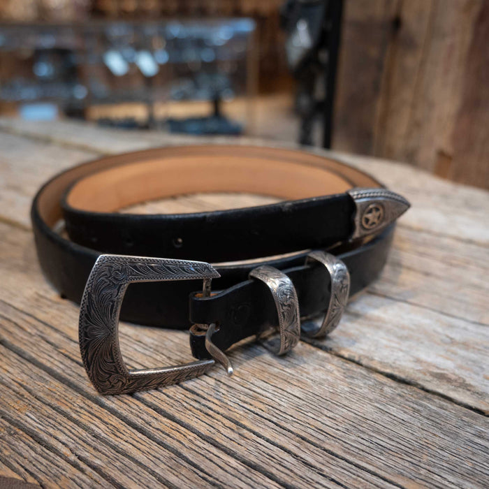 45" Antique Black Ostrich Belt with an RDM 4pc Sterling Silver Buckle