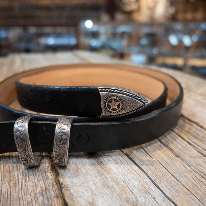 45" Antique Black Ostrich Belt with an RDM 4pc Sterling Silver Buckle