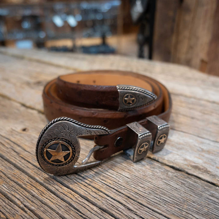 1990's 45" Antique Brown Ostrich Belt with an RDM 4pc Sterling Silver Buckle