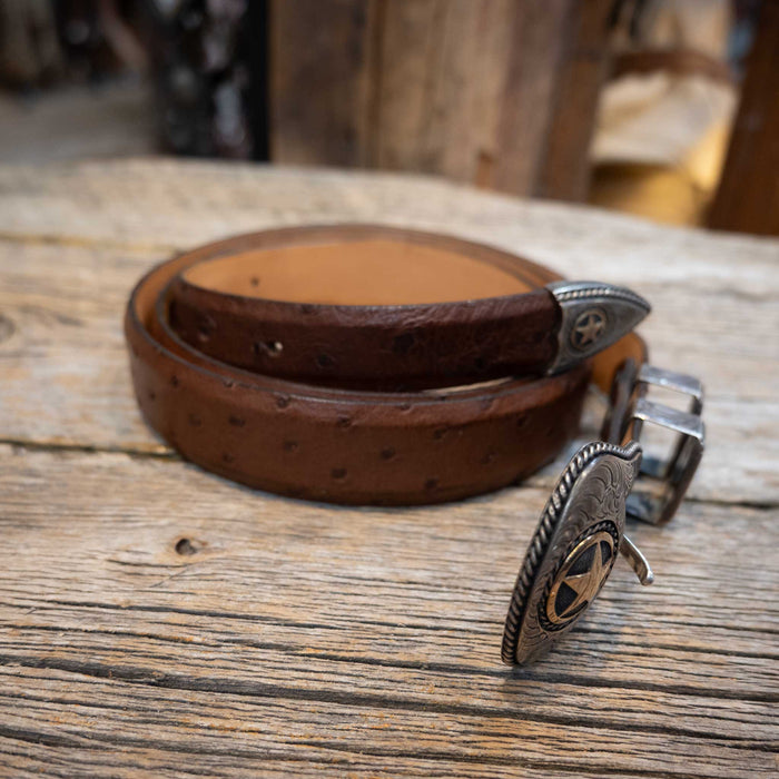 1990's 45" Antique Brown Ostrich Belt with an RDM 4pc Sterling Silver Buckle