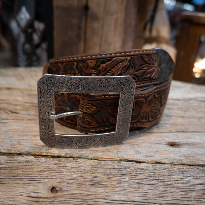 House of Fleming Tooled Leather Belt with a Sterling Silver Buckle