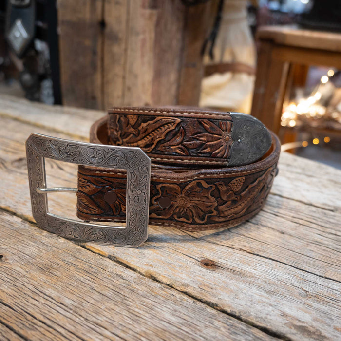 House of Fleming Tooled Leather Belt with a Sterling Silver Buckle
