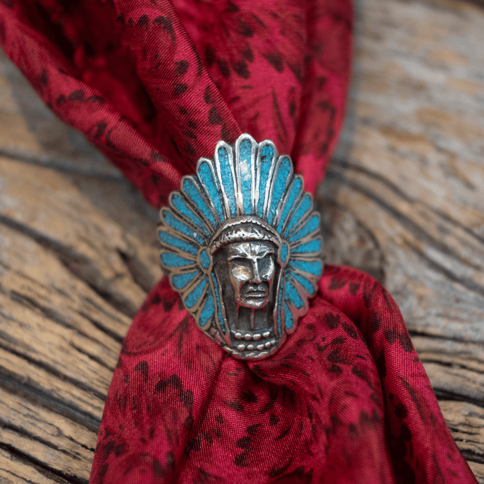 Vintage Sterling Silver Indian Chief & Turquoise Men's Ring
