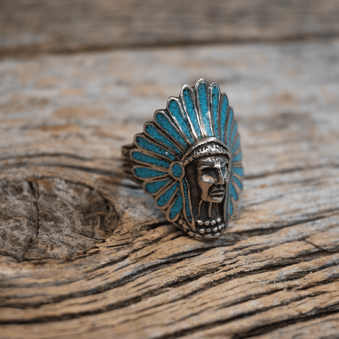 Vintage Sterling Silver Indian Chief & Turquoise Men's Ring