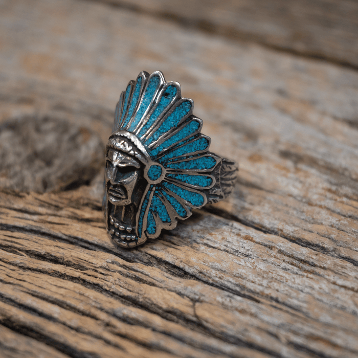 Vintage Sterling Silver Indian Chief & Turquoise Men's Ring