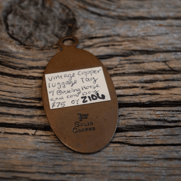 Vintage Copper Luggage Tag w/Bucking Horse & Cowboy