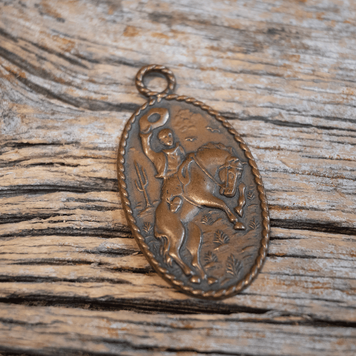 Vintage Copper Luggage Tag w/Bucking Horse & Cowboy