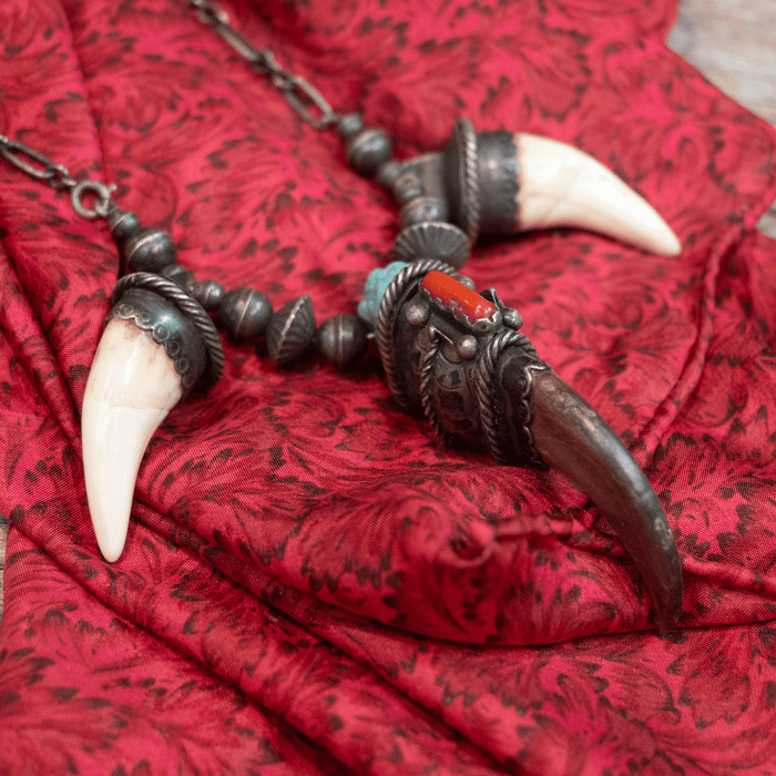 1950's Old Handmade Turquoise Necklace w/Bear Claw & Tooth