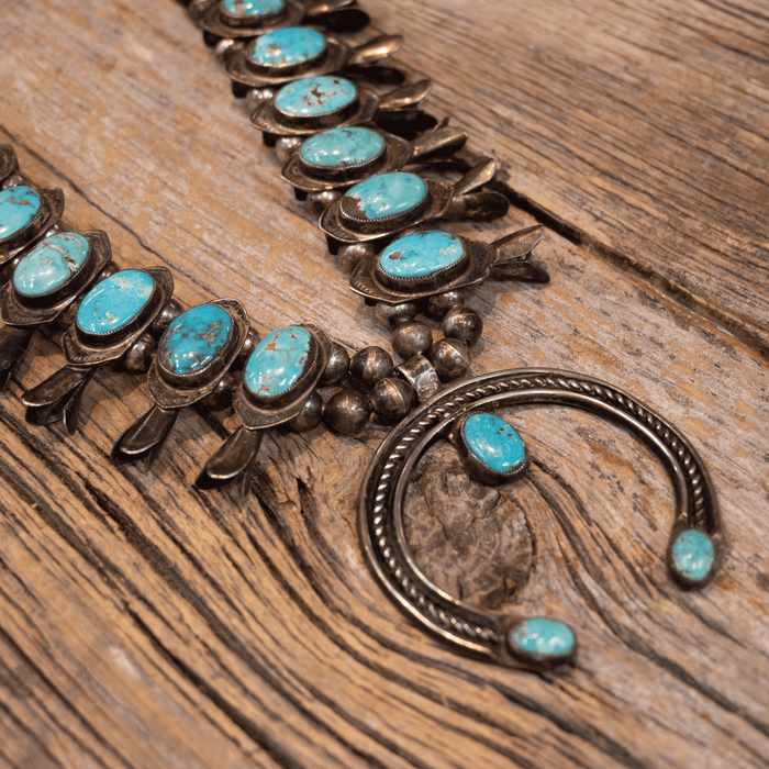 1950's Sterling Silver & Turq. Squash Blossom Necklace