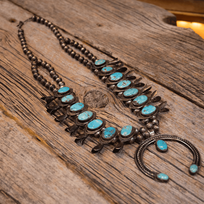 1950's Sterling Silver & Turq. Squash Blossom Necklace