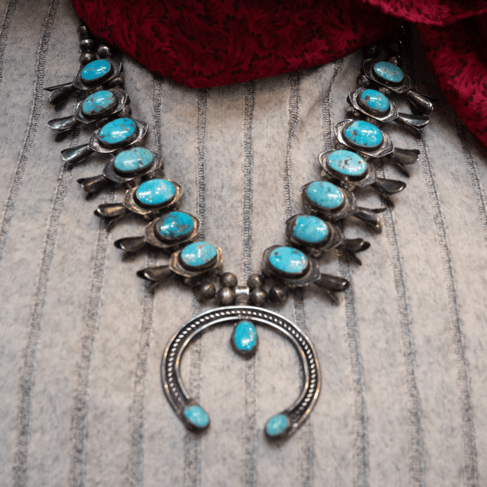 1950's Sterling Silver & Turq. Squash Blossom Necklace