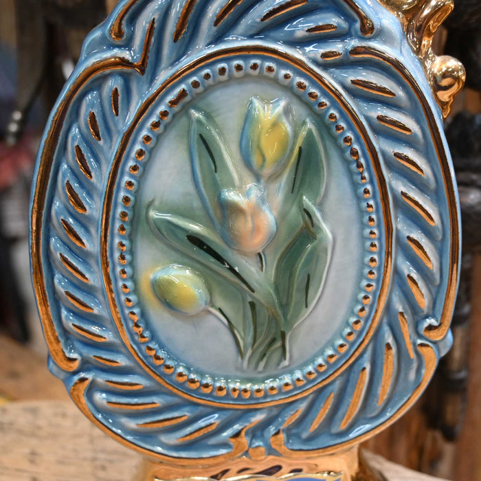 Vintage Gold & Blue Ceramic w/Tulips Jim Beam Whiskey Decanter Collectibles Jim Beam