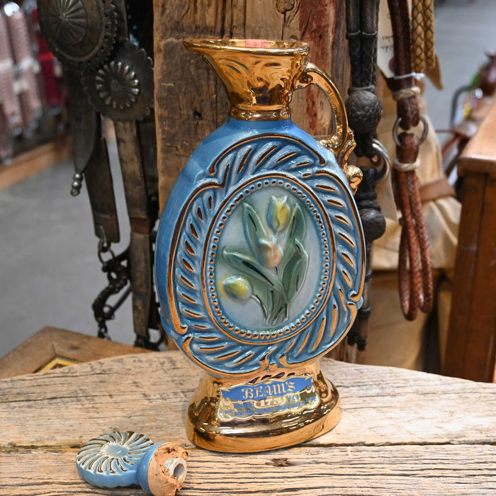 Vintage Gold & Blue Ceramic w/Tulips Jim Beam Whiskey Decanter Collectibles Jim Beam