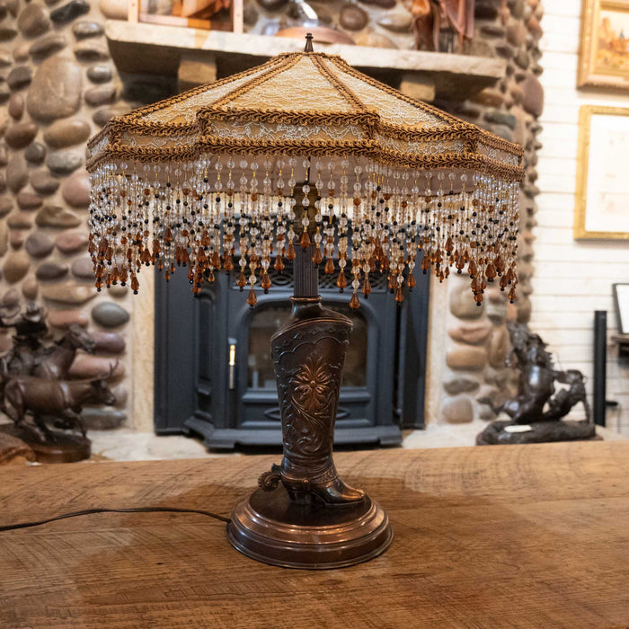 1950's Copper Clad Cowgirl Boot Lamp with a Victorian Lace & Bead Shade