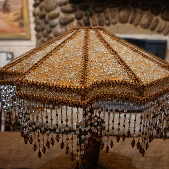 1950's Copper Clad Cowgirl Boot Lamp with a Victorian Lace & Bead Shade