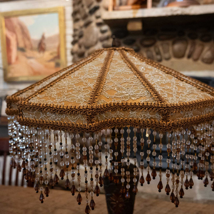 1950's Copper Clad Cowgirl Boot Lamp with a Victorian Lace & Bead Shade