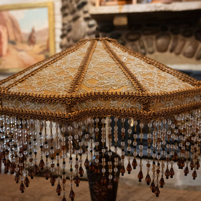1950's Copper Clad Cowgirl Boot Lamp with a Victorian Lace & Bead Shade