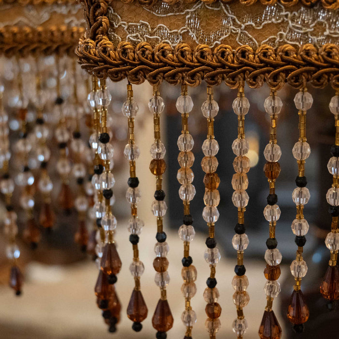 1950's Copper Clad Cowgirl Boot Lamp with a Victorian Lace & Bead Shade