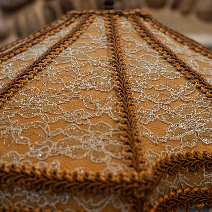 1950's Copper Clad Cowgirl Boot Lamp with a Victorian Lace & Bead Shade