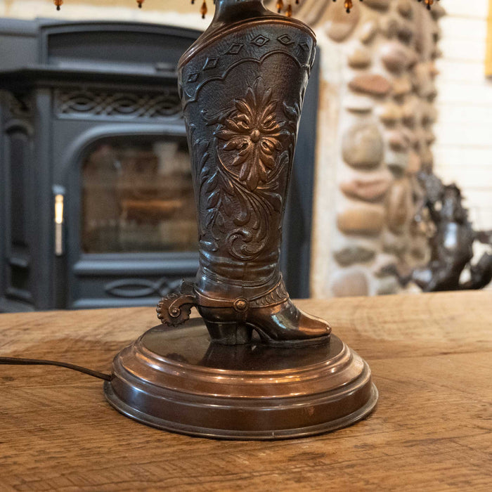 1950's Copper Clad Cowgirl Boot Lamp with a Victorian Lace & Bead Shade