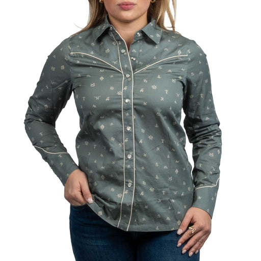 Outback Trading Women's Cattle Brand Shirt - Sage WOMEN - Clothing - Tops - Long Sleeved Outback Trading Co