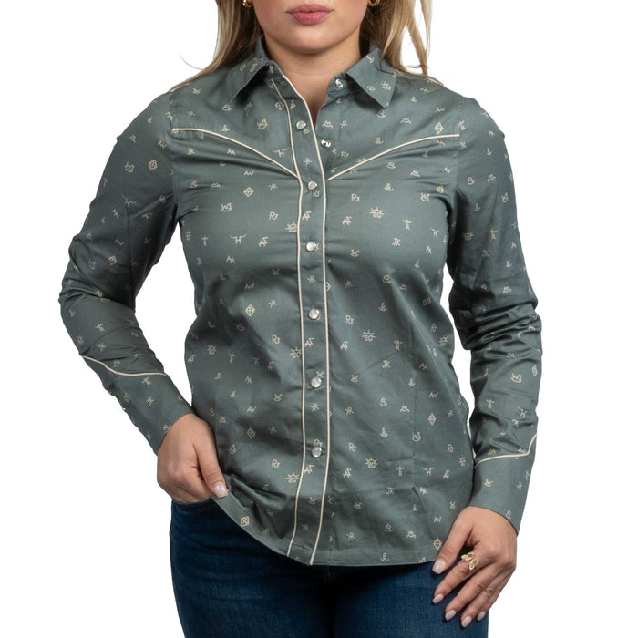 Outback Trading Women's Cattle Brand Shirt - Sage WOMEN - Clothing - Tops - Long Sleeved Outback Trading Co