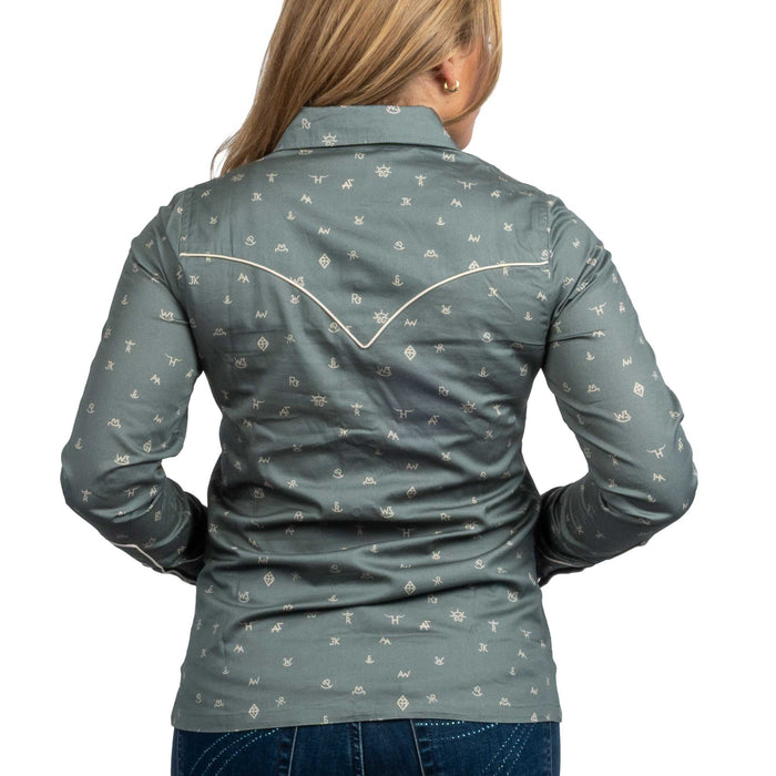 Outback Trading Women's Cattle Brand Shirt - Sage WOMEN - Clothing - Tops - Long Sleeved Outback Trading Co