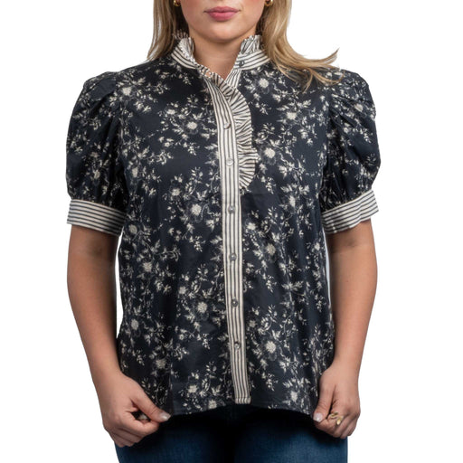 Floral Ruffle Neck Top - Black/Cream WOMEN - Clothing - Tops - Short Sleeved Entro