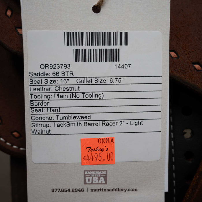 16" MARTIN BTR BARREL SADDLE Saddles - New Martin Saddlery