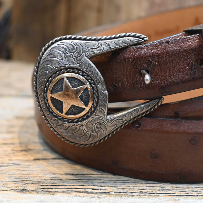 1990's 45" Antique Ostrich Belt Sterling Silver & 14K Ranger Buckle Set Collectibles MISC