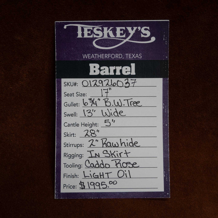 17" TESKEY'S BARREL SADDLE Saddles - New Teskey's Saddlery
