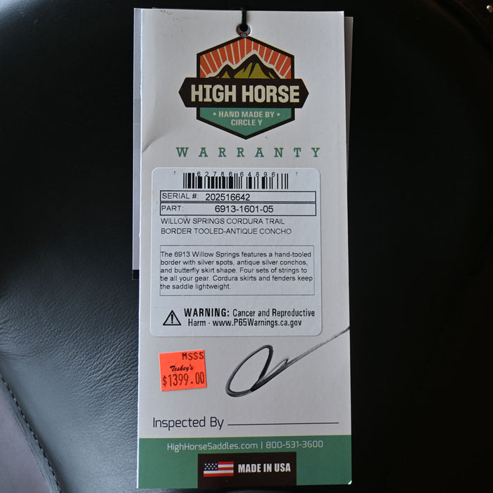 16" HIGH HORSE WILLOW SPRINGS CORDURA TRAIL SADDLE Saddles - New High Horse
