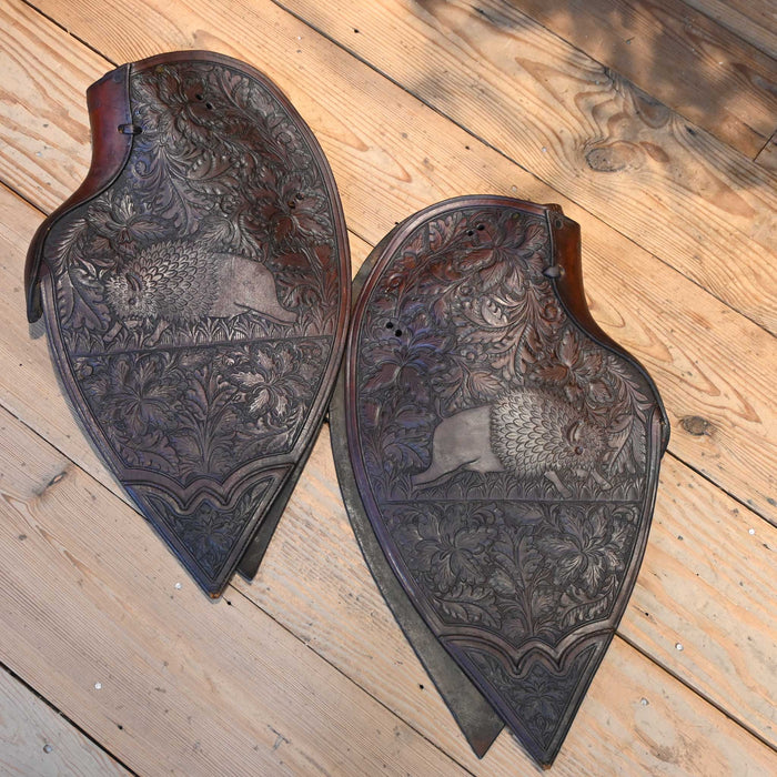 Extremely Rare R.T. Frazier Buffalo Tooled Tapaderos - DNP May Put in a Shadow Box Tack - Saddle Accessories R.T. Frazier