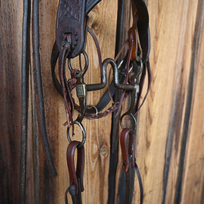 Vintage Tooled Leather Heart Conchos Silver Mounted Bit Bridle Rig
