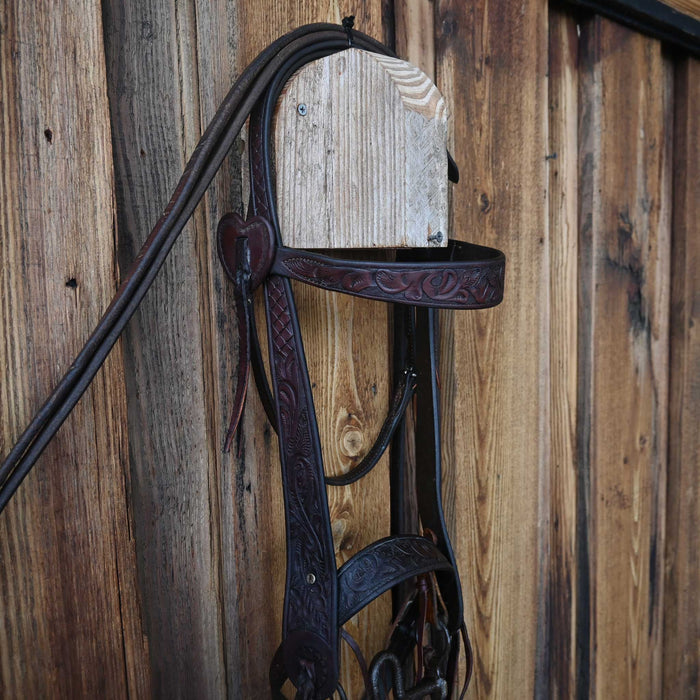 Vintage Tooled Leather Heart Conchos Silver Mounted Bit Bridle Rig