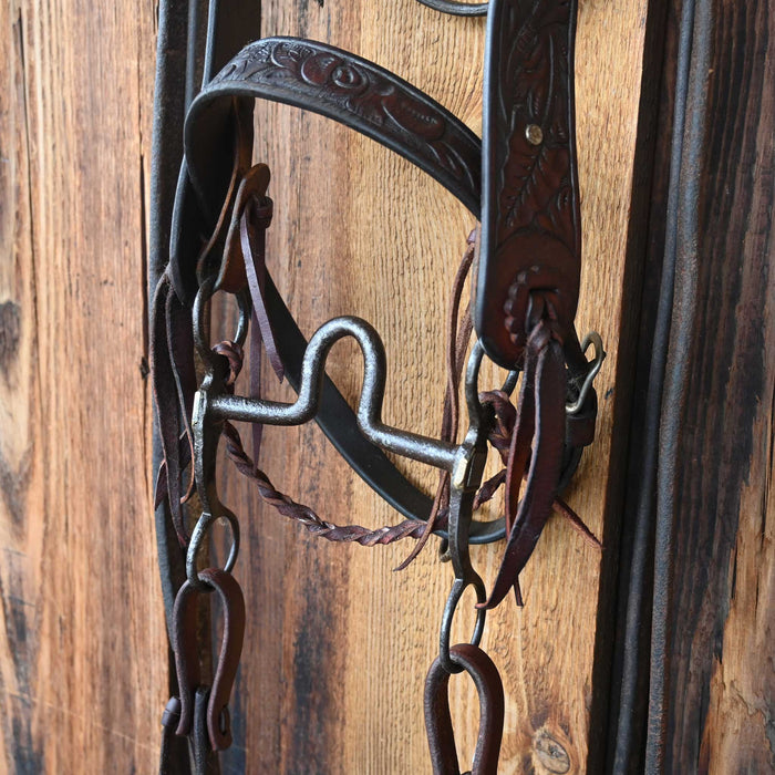 Vintage Tooled Leather Heart Conchos Silver Mounted Bit Bridle Rig