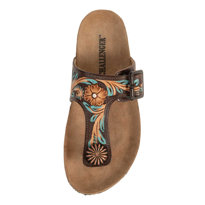Challenger Women's Floral Tooled Black Inlay/Turquoise Sandal