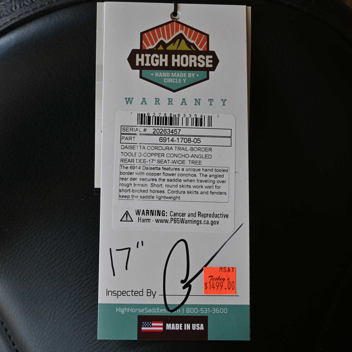 17" HIGH HORSE DAISETTA CORDURA TRAIL SADDLE