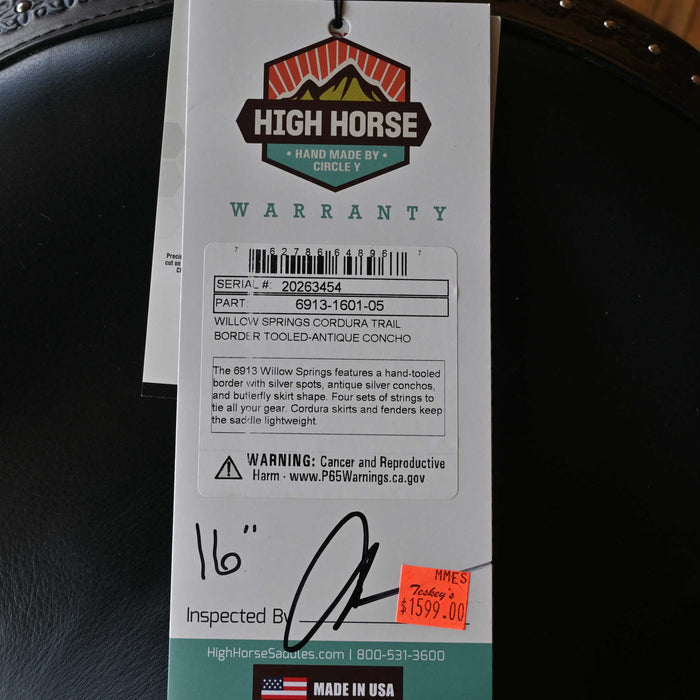 16" HIGH HORSE WILLOW SPRINGS CORDURA TRAIL SADDLE