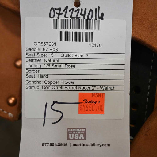 15" MARTIN FX3 BARREL SADDLE Saddles - New Martin Saddlery