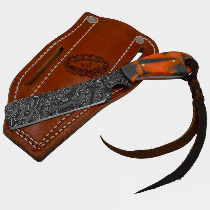 Justin Wiley Handmade Damascus Bull Knife w/Orange Handle