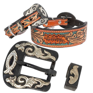 Teskey's Floral Tooled Turquoise Dog Collar with Two Piece Icthys Buckle Pets - Accessories Teskeys   